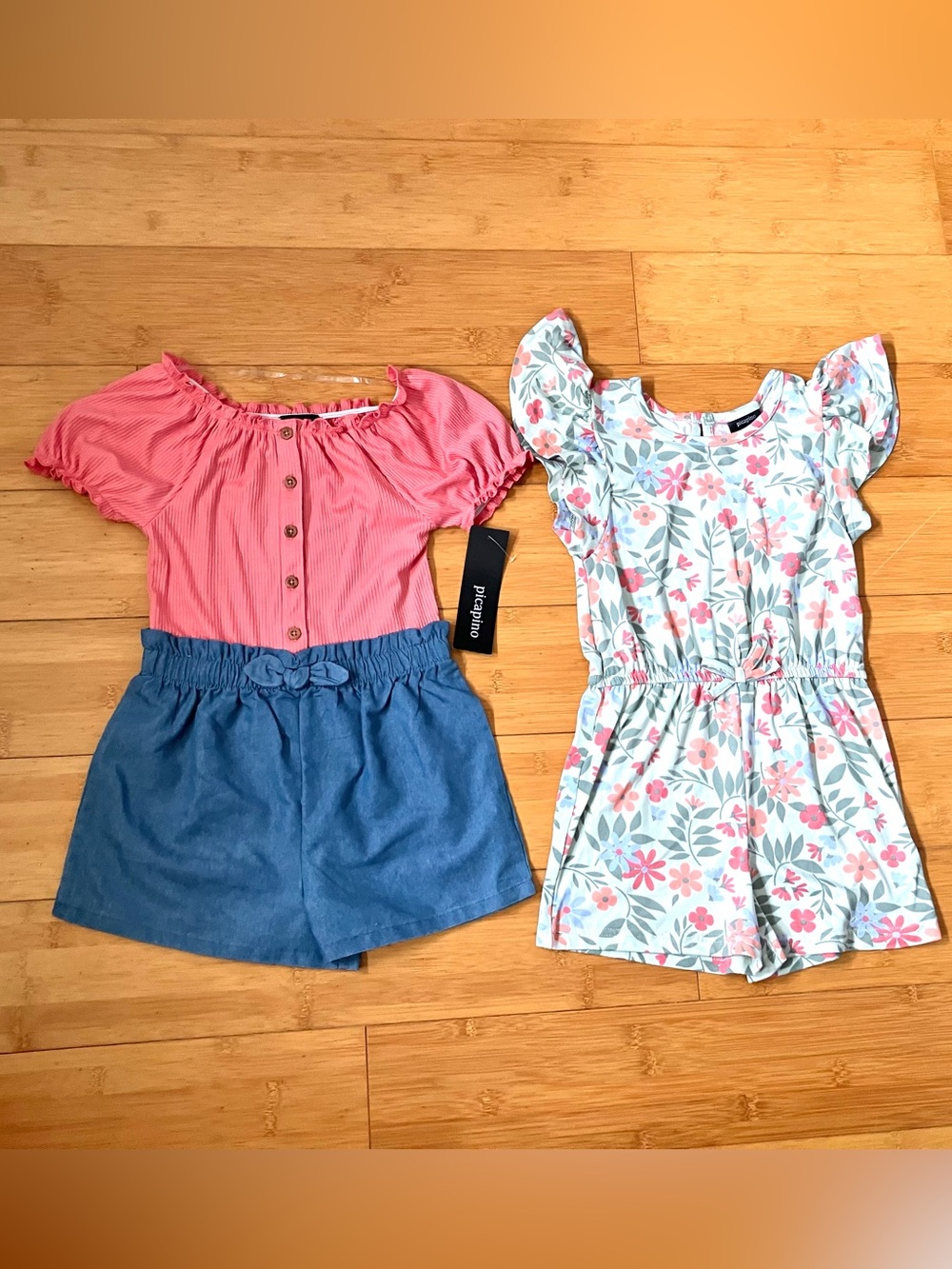 NWT Girls Size 6X Green Floral & Coral and Chambray 2 Pack Rompers Outfits